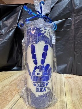 Source Unknown White and Blue Duck Duck Travel Tumbler